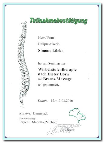 Teilnahmebestätigung Wirbelsäulentherapie nach Dorn mit Breuss-Massage