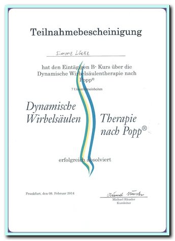 Teilnahmebescheinigung Dynamische Wirbelsäulentherapie nach Popp®