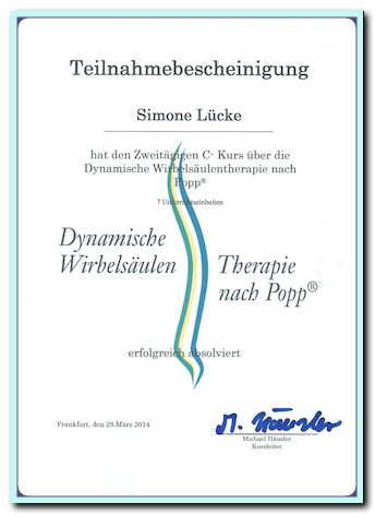 Teilnahmebescheinigung Dynamische Wirbelsäulentherapie nach Popp®